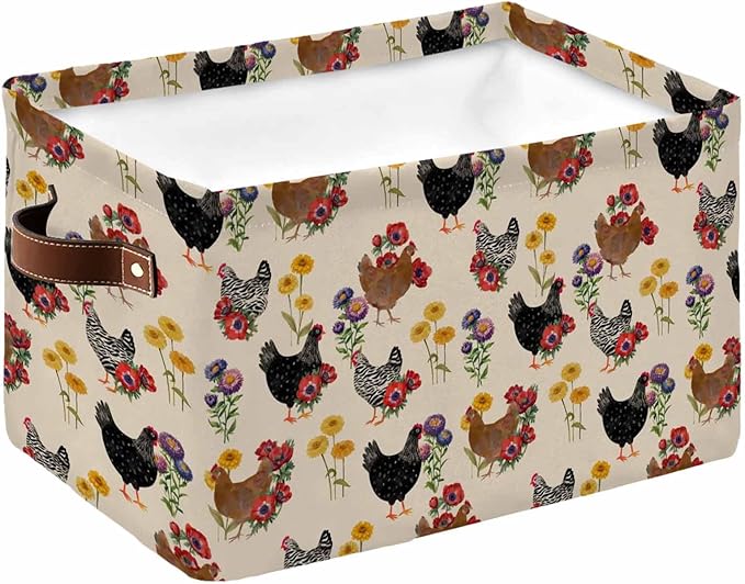 Farmhouse Rooster Storage Bins Cubes Waterproof Cloth Storage Basket, Vintage Watercolor Flowers Beige Foldable Storage Bags for Shelf Closet Clothes Storages Organizers with Handles 15x11x9.5 in 1PCS