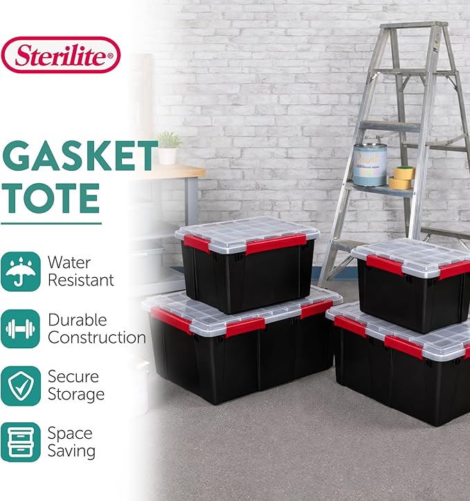 Sterilite 12 Pack Gasket Box, Stackable Plastic 13.5 Gallon Storage Container with Lids, Black - Waterproof and Dustproof Tote for Home Organization