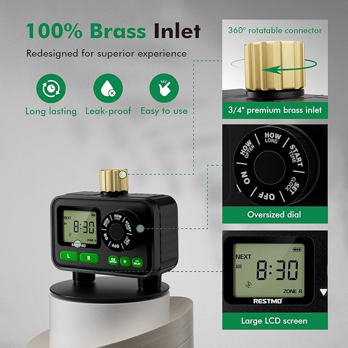 RESTMO Sprinkler Timer for Outdoor Hose Faucet 2 Zone, Up to 11h59m Programmable Watering Timer for Soaker Hose, Misting with Brass Inlet & Large Dial, Rain Delay/Manual/Automatic Irrigation System