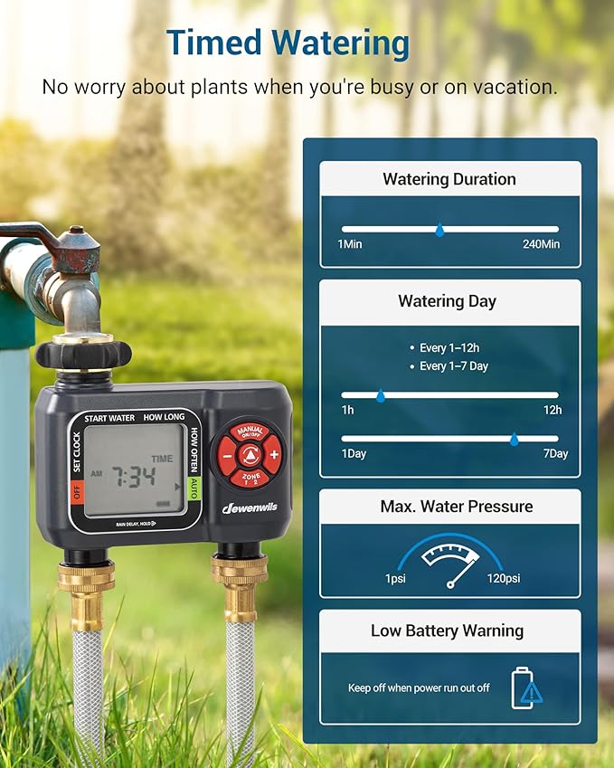 DEWENWILS Sprinkler Timer 4 Zone and 2 Zone, Water Timer for Garden Hose with Rain Delay/Manual/AUTO Irrigation Timer, Programmable Outdoor Faucet Hose Timer for Yard, Lawn
