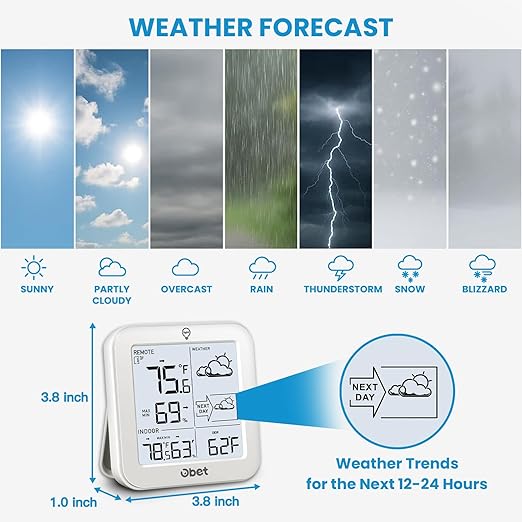 OBET Indoor Outdoor Thermometer Wireless Weather Station, Battery Powered Inside Outside Thermometers Hygrometer Monitor with Backlight, Max/Min Record, Dew Point, Heat Index, Pressure (500 Feet)