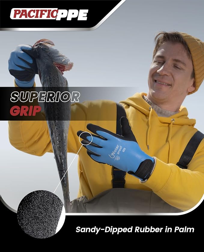 PACIFIC PPE Winter Work Gloves for Men and Women, 100% Waterproof Thermal Insulated Freezer Gloves for Cold Weather, Super Grip, Blue, X-Large