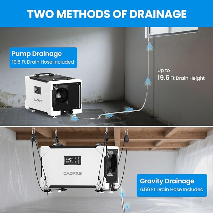 CADPXS Crawlspace Dehumidifier with Pump and Drain Hose, 145 Pints Commercial-Grade Dehumidifier for Crawl Spaces, Basements, Industrial and Water Damage Use, Large Capacity, 5 Years Limited Warranty