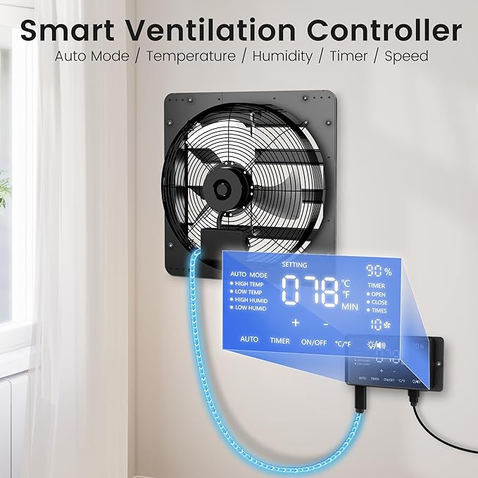 10" Shutter Exhaust Fan with 6 ft Power Cord, EC Motor Wall Mount Attic Fan, Smart Programming Variable Speed, Temp/Humidity & Timer, Auto Louvers, 1393 CFM for Commercial, Grow Room, Waterproof