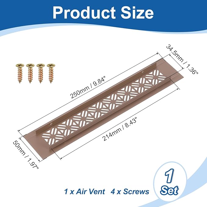 uxcell Aluminum Alloy Air Vents, 250 x 50mm / 9.8 x 2" Rectangle Louvered Ventilation Grille Cover with Mounting Screws for Door Cabinet Wardrobe, Brown