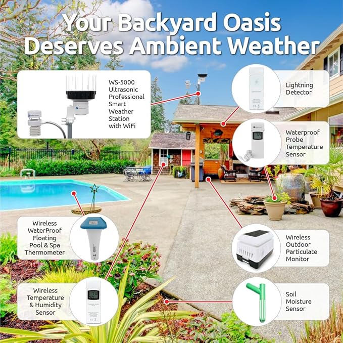 Ambient Weather WS-5000 Ultrasonic Smart Weather Station with AWN+ Included and TFT Full Color LCD Display