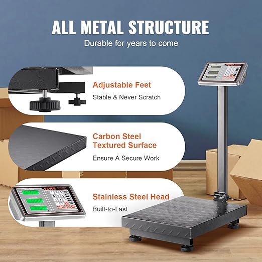 VEVOR Computing Digital Platform Scale, 660 lbs Load, 0.1 lbs Accuracy Computing Floor Scale with LB/KG, Tare, Price Calculator, Stainless Steel High-Definition Display for Boxes, Luggages, FCC Listed