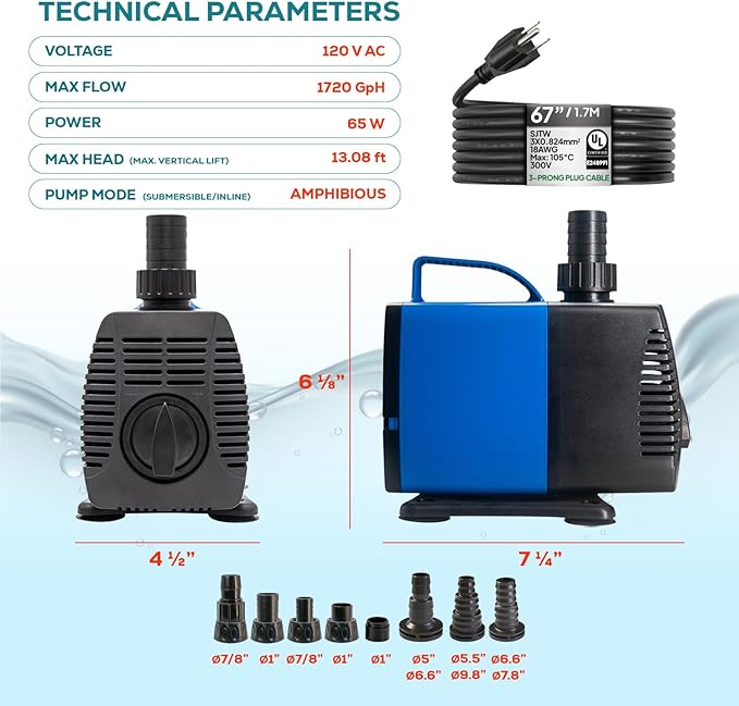 Aqua Dream 872 GPH Amphibious Water Pump - 65W Submersible or Inline External Pump with Corrosion Resistant Ceramic Shaft, 9.5ft Max Lift for Aquariums, Ponds, and Hydroponics - 4 Pcs