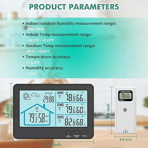 Home Weather Station Wireless Indoor Outdoor Thermometer with 3 Sensors,IPX4, 500ft Range Digital Thermometer Humidity Monitor with Weather Forecast for Home, RV, Garden | Black