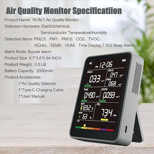 Professional Indoor Air Quality Monitor with AQI Alerts, Portable Real-Time Detector for Home, Car, Plants & Pet (Concrete Gray)