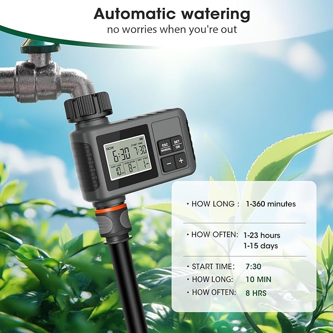 Naroote Programmable Hose Timer, Sprinkler Water Drip Irrigation System for Garden, Rain Delay Manual Watering with IPX5 Water Proof Construction, Large Screen Display