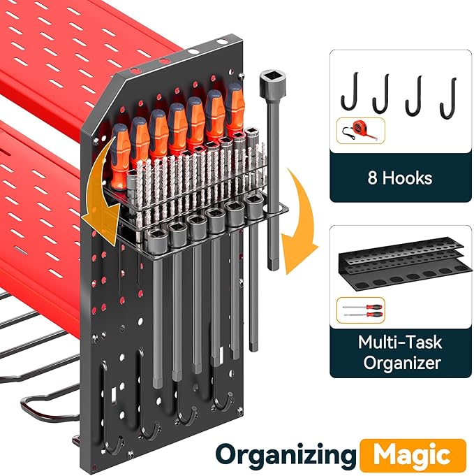 Warome Tool Organizer with Charging Station, Power Tool Rack Wall Mount with 8-Outlet Power Strip, Tool Storage for Garage with 8 Cordless Drill Holders, Battery Utility Shelf in Red