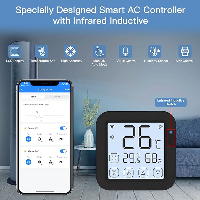 Smart WiFi IR Conditioner Controller with LCD Display App Control Temperature Humidity Sensor Monitor Compatible with Home for Mini Split Portable AC