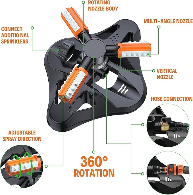 Garden Sprinkler,Upgrade Lawn Sprinklers Automatic 360 Degree Rotating Irrigation Grass Water Sprayer System,Garden Hose Sprinkler for Yard/Built in 36 Units Angle Spray Nozzles(Orange)-1Pack