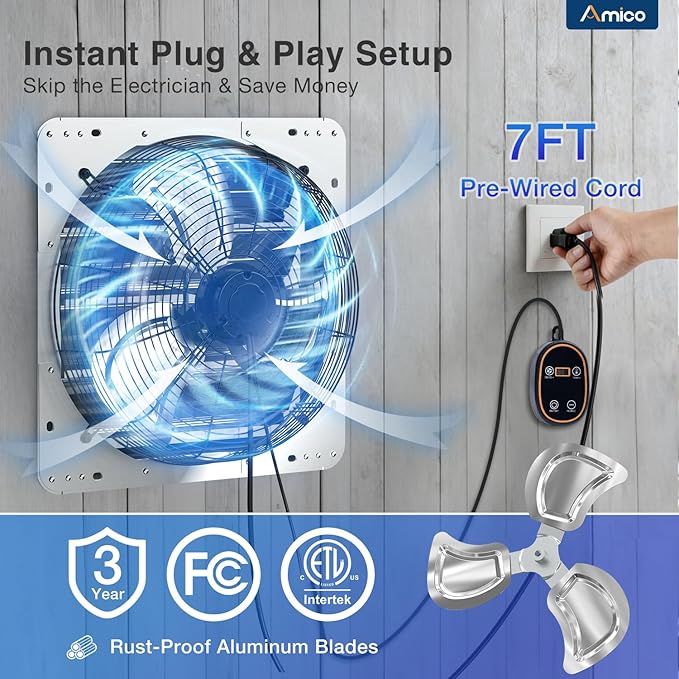 Amico 20" Smart Shutter Exhaust Fan with Thermostat & 8 Speed, 3800 CFM (Up to 5500 Sq.Ft), 70W Commercial EC Motor, Wall Mount Warehouse/Barn/Greenhouse/Warehouse Vent Fan, Plug & Play, FCC