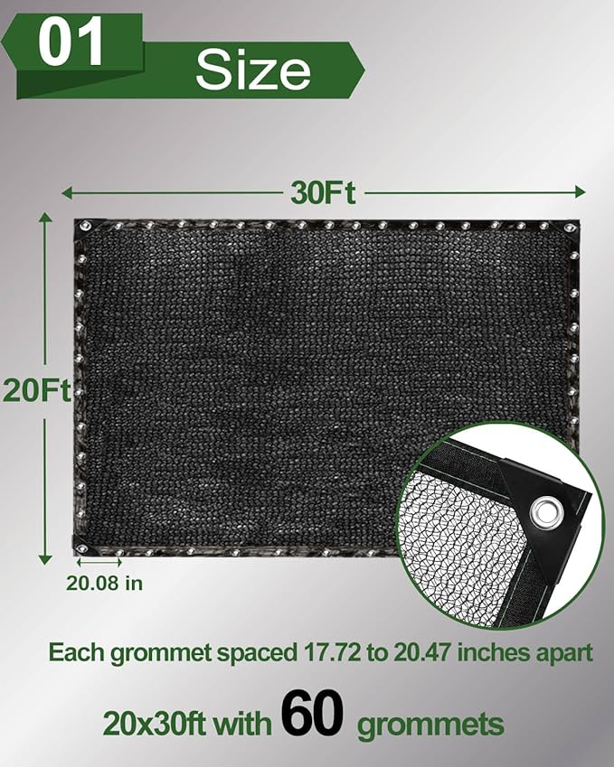30% Sunblock Shade Cloth Net Black Resistant - 20x30 Ft Garden Shade Mesh for Plant Cover, Greenhouse, Chicken Coop, Kennels, Tomatoes Plants