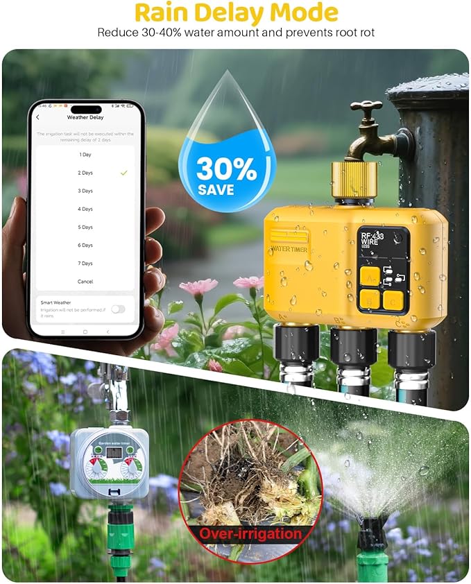 WiFi Water Timer 3 Zone for Garden Hose, Smart Sprinkler Timer with 984ft RF Range, Brass Inlet and Outlet, APP/Voice Control, Rain Delay, Automatic/Manual Irrigation