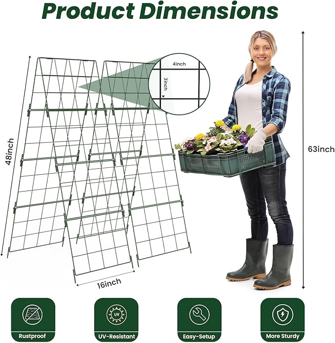 Adjustable A-Frame Trellis for Climbing Plants Outdoor, 48"x32" Cucumber Trellis for Raised Bed, Metal Garden Trellis with Grid Design, Tomato, Grape, Bean, Pea, Squash, Vegetable Trellis (Green)