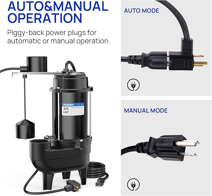Acquaer Sewage Pump Submersible Water Pump with Automatic Float Switch, for Sump Basin, Residential Sewage, Black, 2'' NPT 3/4 HP 6400 GPH Vert. Float