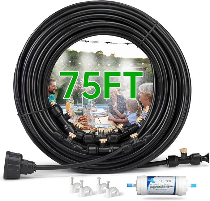 Funpynani 75FT Outdoor Misting Cooling System‌ - Patio Garden Kit with ‌Brass Nozzles & UV Tubing‌, DIY Install for ‌Pool, BBQ, Greenhouse‌, Water-Saving High Pressure Cooler