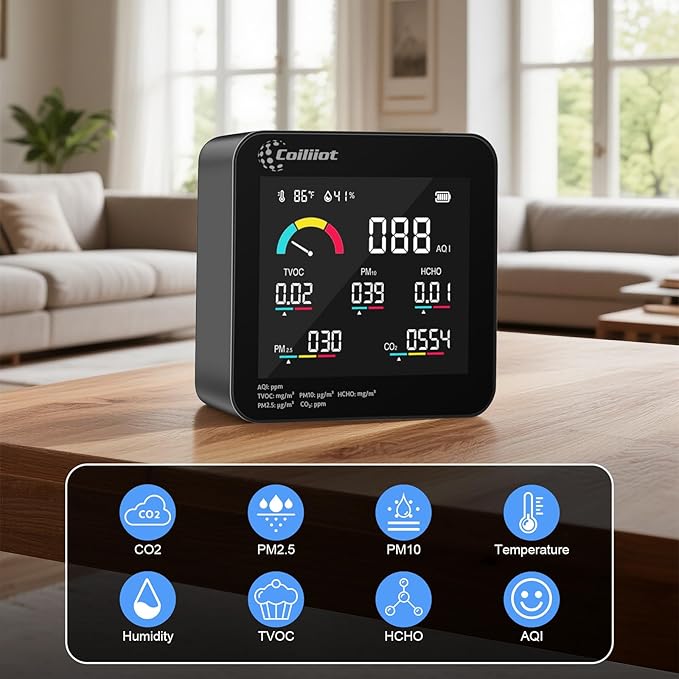 Air Quality Monitor Indoor – CO2 Detector, VOC Meter and AQI Tester Tracks TVOC, HCHO, PM2.5 & PM10 with Temperature & Humidity Sensor for Home Office (Black)