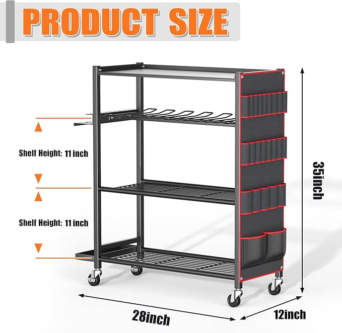 TORACK Rolling Power Tool Storage Cart, 4-Tier Large Drill Organizer with Slots for 12 Drills, Freestanding Cordless Tool Rack with Wheels for Garage & Workshop