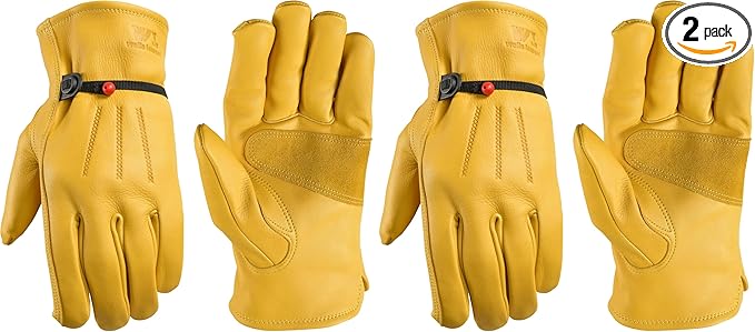 Wells Lamont Leather Work Gloves for Men – Heavy Duty, Cowhide, Abrasion & Puncture Resistant – Adjustable Wrist, Gunn Cut Design, Ideal for Ranching, Farming, Construction - Saddletan - M (Pack of 2)