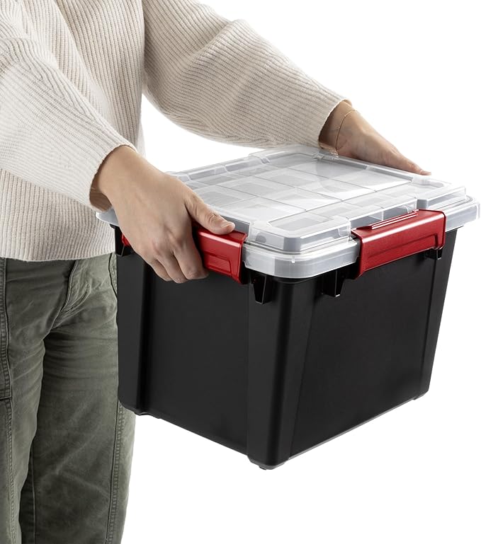 Sterilite 18 Pack 5 Gallon Gasket Box, Stackable Plastic Storage Container with Lids, Black - Waterproof and Dustproof Tote for Home Organization