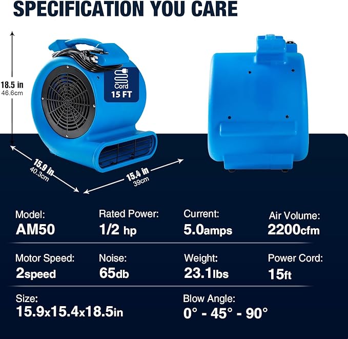 Mounto 1/2hp Air Mover Floor Drying Blower Fan - Powerful 1/2HP Motor Carpet Dryer, 2200 CFM Air Flow, Lightweight Design, 2-Speed Settings for Drying, Cooling & Circulation