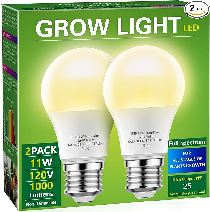 Grow Light Bulbs, Briignite LED Grow Light Bulb A19 Bulb, Full Spectrum Grow Light Bulb, Plant Light Bulbs E26 Base, 11W Grow Bulb 100W Equivalent, Grow Light for Indoor Plants, Seed Starting, 2Pack