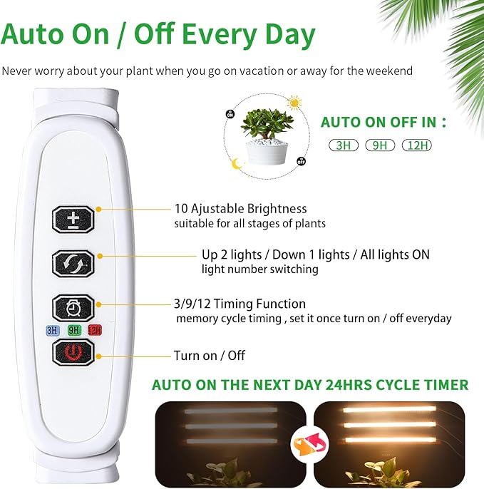 RWNTAO LED Grow Light Strips, Full Spectrum Plant Growing Lights for Indoor Plants 3500K, 144 LEDs Plant Lamp with 3/9/12H Timer, 10 Dimmable Levels, 3 Head 13 Inches