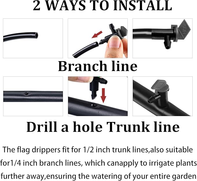 80Pcs 1GPH Drip Emitter Garden Flag Irrigation Drippers, 4L/H Sprinkler System Parts for 4/7mm Tubing, Adjustable Flow for Trees, Shrubs, Lawn, Vegetable Gardens, Black