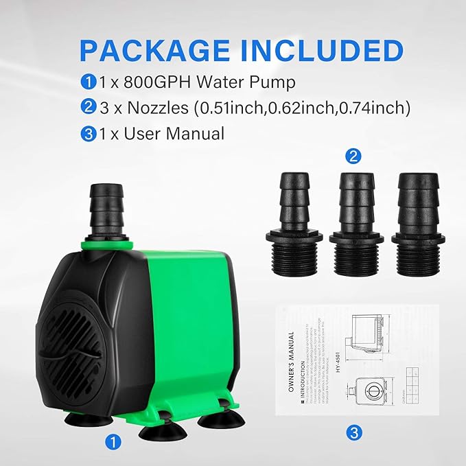 Simple Deluxe 10ft High Lift 800GPH 24W Submersible Pump (3000L/H) with 3 Size Nozzles for Fish Tank, Pond, Aquarium, Statuary, Hydroponics, Fountain, Green
