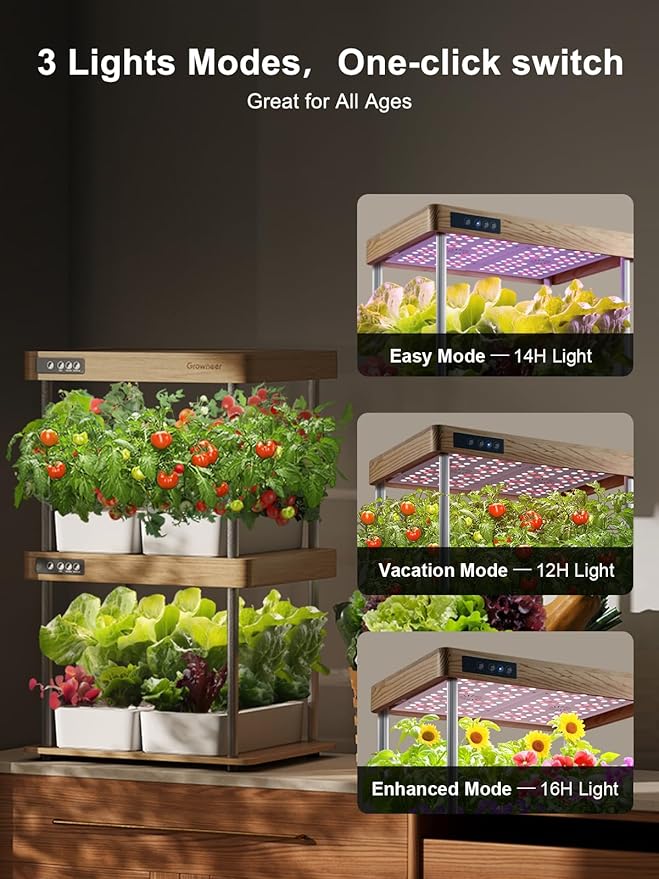 GROWNEER HydroEasy1.0 Hydroponic Growing System, 2-Tier Indoor Garden with Full-Spectrum LED Grow Lights, 32 Pods, Solid Wood Design, Independent Water Circulation, Ideal for Vegetable, Herb, Red Oak