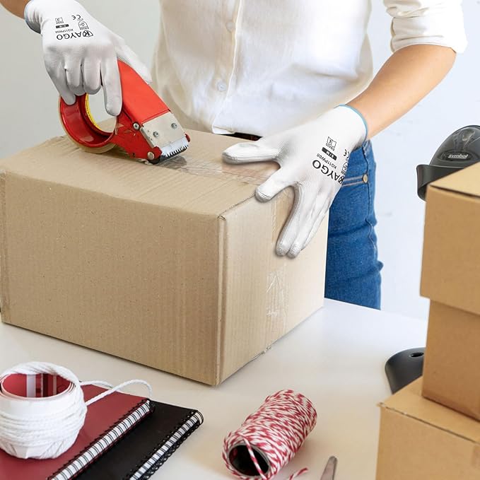 KAYGO Work Gloves for Men and Women, 12 Pairs Seamless Knit PU Coated Safety Gloves, with Smooth Grip on Palm and Fingers, Ideal for Light Warehouse, Manufacturing, Gardening, KG11P (2XL, White)