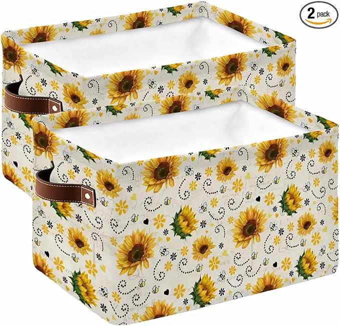 Vintage Sunflower Storage Bins Cubes Waterproof Cloth Storage Basket, Summer Botanical Farmhouse Floral Foldable Storage Bags for Shelf Clothes Storages Organizers with Handles 15x11x9.5 in 2PCS