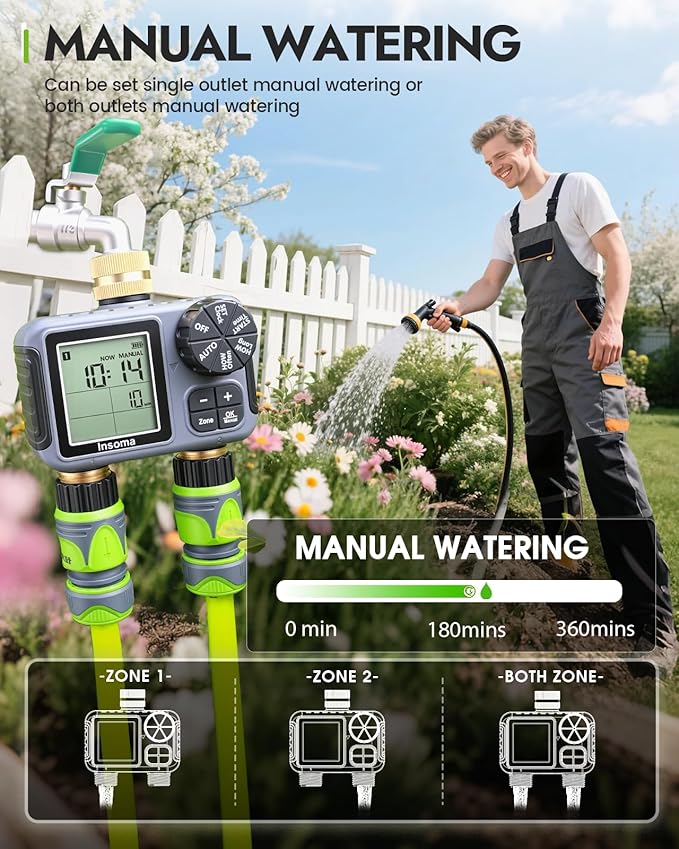 Insoma 2-Zone Sprinkler Timer Brass Inlet/Outlet, Water Hose Timer with Auto/Manual Modes + Rain Delay | Big LCD Dispay | Hose Timers for Garden, Yard Lawn, IPX5 Waterproof & Save Water