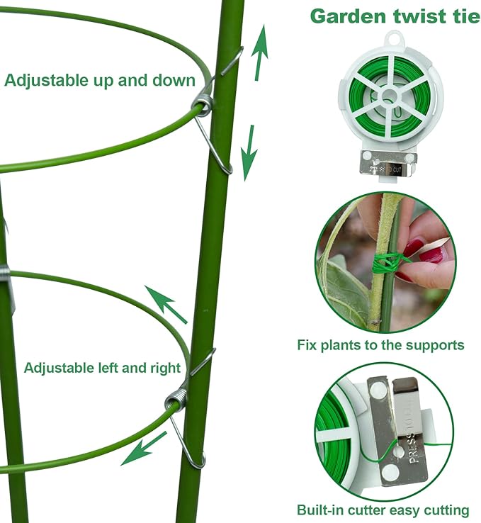 18" Small Plant Support Tomato Cages, 4 Pack Adjustable Garden Trellis for Indoor Outdoor Climbing Plants, Peony Flower Stakes with 66ft Garden Twist Ties, Green Metal Plant Cages for Pots & Garden