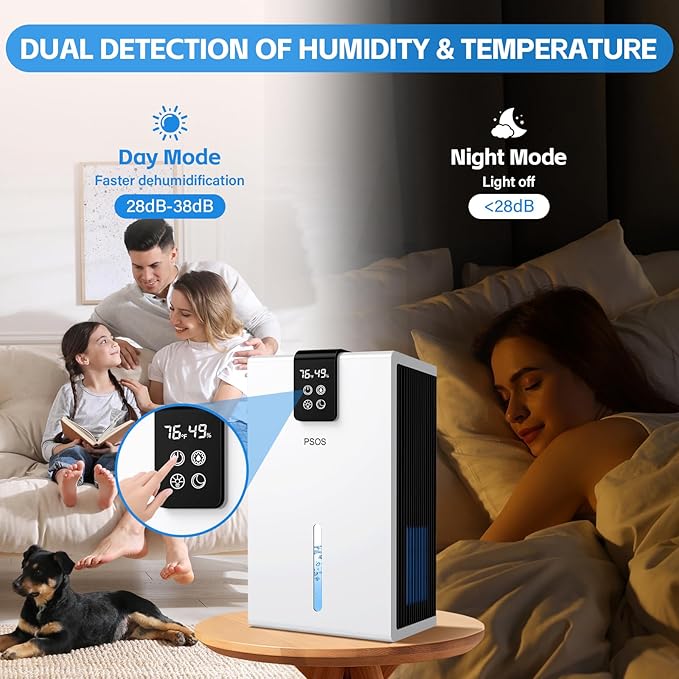 PSOS Dehumidifier, Dehumidifiers for Home, 98 OZ Water Tank, (1000 sq.ft) Quiet Dehumidifier for Basement Bathroom Bedroom with Humidity Display, Auto Shut Off, Relaxing 7 Color Ambient Light(White)