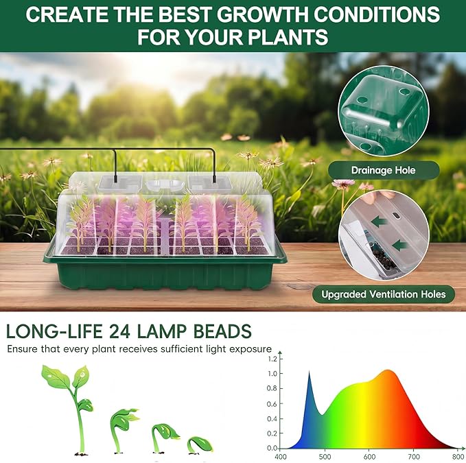 Verdenu Seed Starter Tray with Grow Lights and Heat Mat, Extra Large 24-Cell Seed Growing Tray with heightened Lid, Seed Trays with Humidity Domes for Propagation and Germination for Indoor Plants