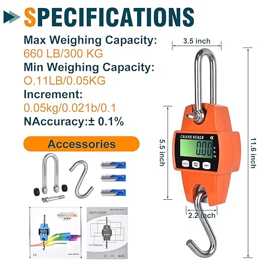 660lb Digital Hanging Scale, 300kg Heavy Duty Handheld Crane Scale with Backlit LCD, Portable Cast Aluminum Case & Hooks - Multi-Function for Farm, Hunting, Fishing, Logistics (kg/lb/N Switchable)