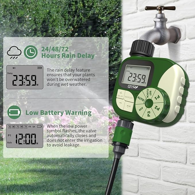 GMR Sprinkler Timer, Water Timer for Garden Hose, Hose Timers for Watering, Irrigation System with 3 Programs/Rain Delay/Manual/Auto Watering System, 1 Outlet