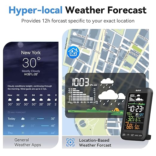 BALDR Digital Color Weather Station Vertical Display with Remote Sensor,12H Forecast,Temperature,Humidity and Atomic Clock,Adapter Powered with Backup Battery,Wireless Indoor Outdoor Thermometer,Black