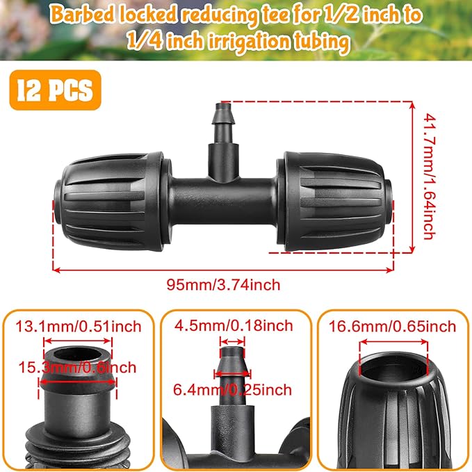 Gardrip Drip Irrigation Fittings for 1/2 Inch to 1/4 Inch Tubing Reducing Tee：1/2" (1/2" ID x 0.65" OD) to 1/4" Drip Line Anti-drop Locked Nut Barbed Reducer Tee Connectors (12 Pack)