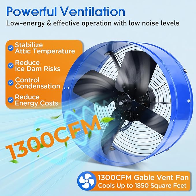 15" Attic Exhaust Fan with Thermostat - 1300CFM Gable Vent Fan with Thermostat Covers 1850 Sq.ft, Plug-and-Play Gable Attic Fans with 20FT Power Cord & 60Hz Motor Low Noise for Home Garage Shed