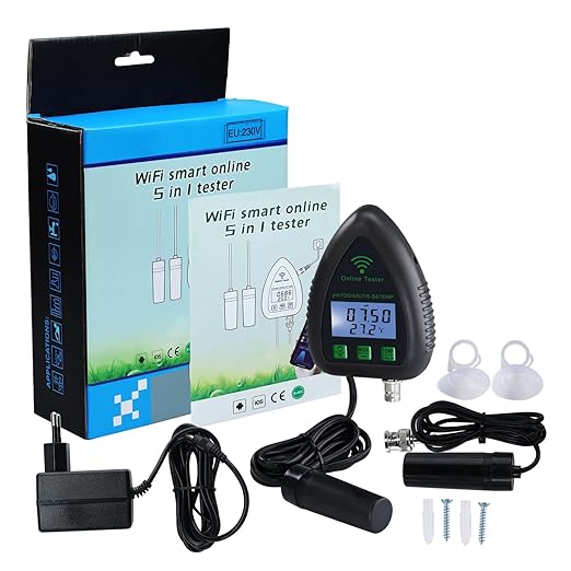 WiFi Water Quality Monitor 5-in-1 pH, S.G., TDS, Salt & Temperature Tester | 24/7 Online Hydroponic Monitoring with Data Logging & Alarms for Aquariums, Fish Ponds & Saltwater Pools