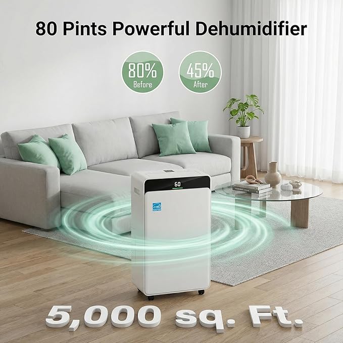 2026Upgraded 5000 Sq.Ft 80 Pint energy star Dehumidifier for Basements with Large 1.72 Gal Tank,Portable Smart Compressor Whisper Dehumidifier for Home/Bedroom/Bathroom