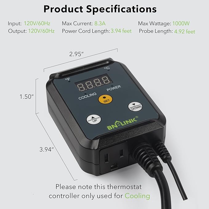 BN-LINK Digital Heating and Cooling Thermostat Controller for Reptiles, Attic Fan