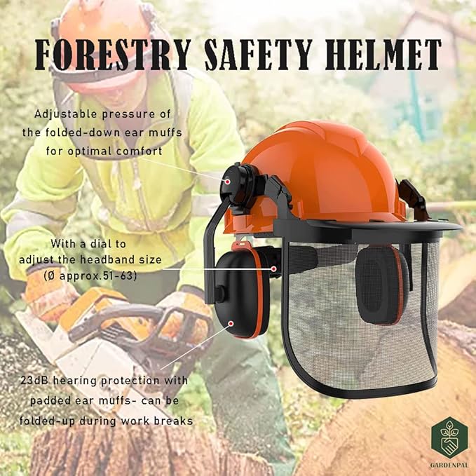 GardenPal Industrial Forestry Safety Helmet and Hearing Protection System, with Mesh Face Protection, Safety Helmet with Ear Muffs, Chainsaw Helmet, Chainsaw Face Shield, (Orange)