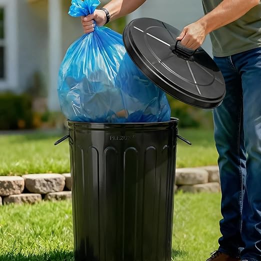Plexon 20 Gallon Metal Trash Can with Lid Outdoor Large Trash Bin Steel Garbage Can for Garage Patio Farmhouse Bucket Bird Seed Storage Can Heavy Duty Round Container, Black 2 Pack